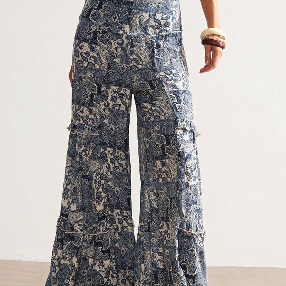 Blue Boho Women's Paisley Print Ruffled Wide Leg Pants - Picture 7 of 7